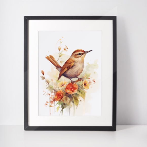 Watercolor Wren Bird Portrait Wall Art Illustration Print Poster Unframed - Picture 3 of 9